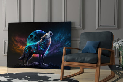 Neon Wolf Howling On Rocky Ridge Glass Wall Art
