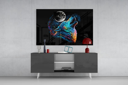Rainbow Howling Wolf Head And Moon Glass Wall Art