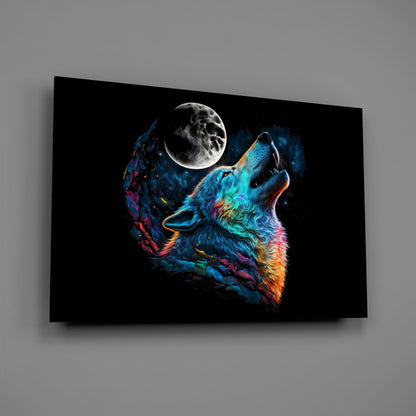 Rainbow Howling Wolf Head And Moon Glass Wall Art