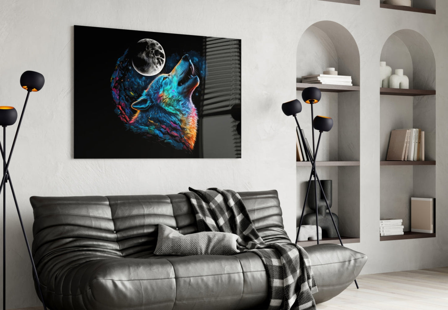 Rainbow Howling Wolf Head And Moon Glass Wall Art