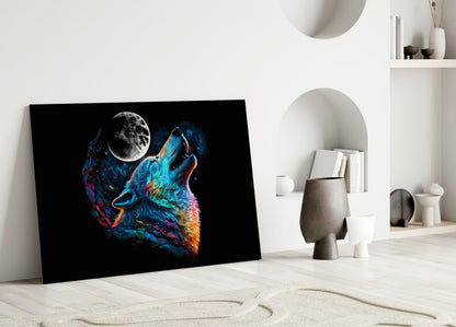 Rainbow Howling Wolf Head And Moon Glass Wall Art