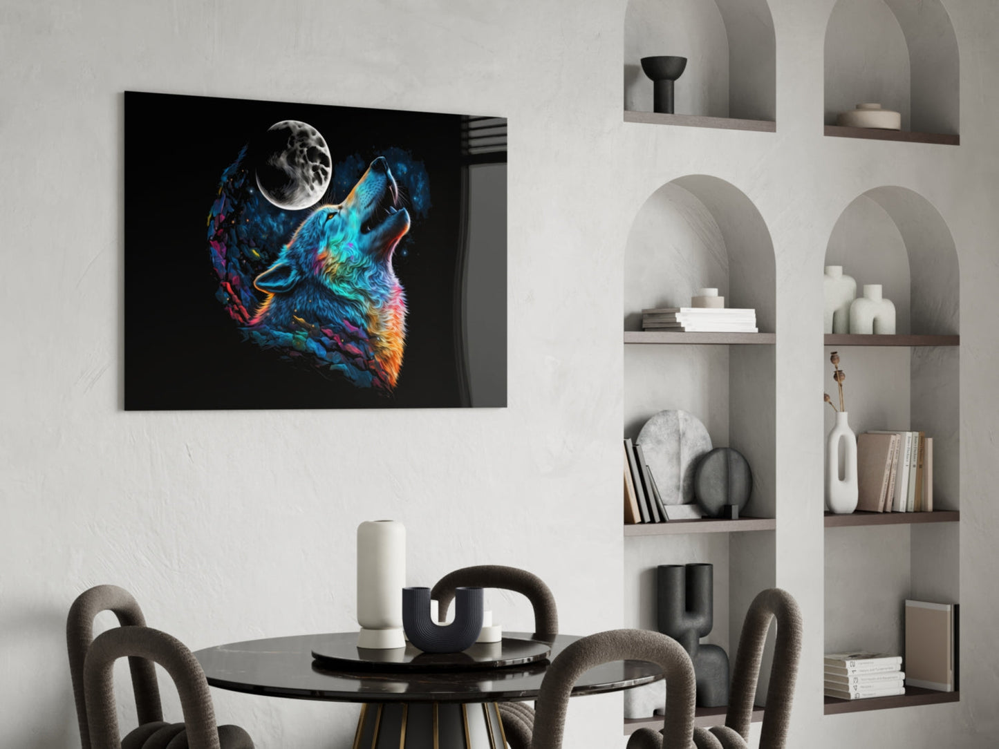 Rainbow Howling Wolf Head And Moon Glass Wall Art