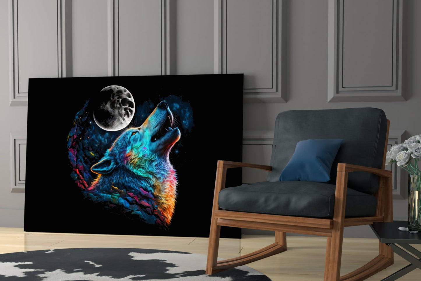 Rainbow Howling Wolf Head And Moon Glass Wall Art