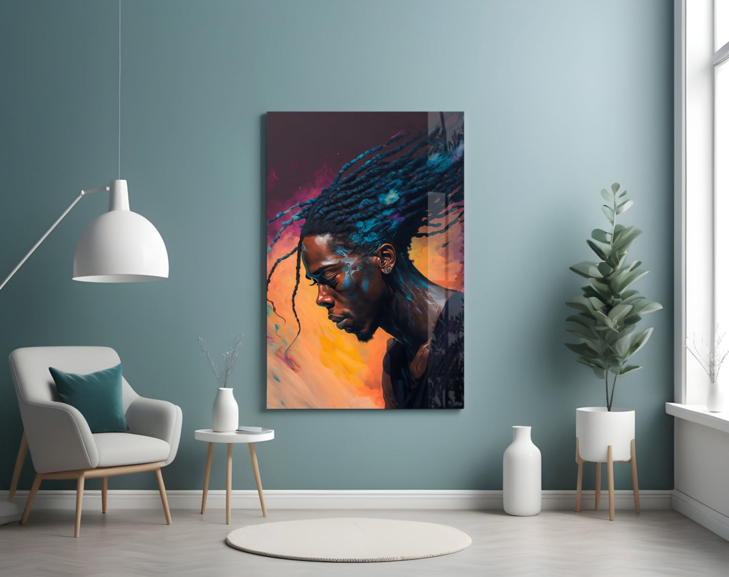 Braided Locs Man On Sunset Hues Glass Wall Art