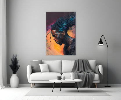 Braided Locs Man On Sunset Hues Glass Wall Art