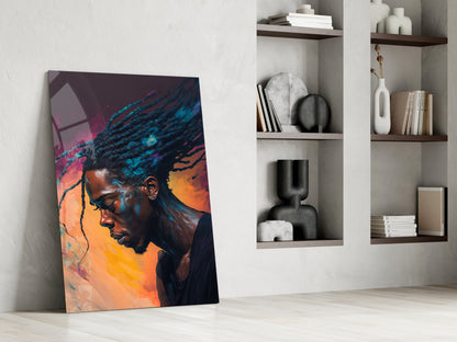 Braided Locs Man On Sunset Hues Glass Wall Art