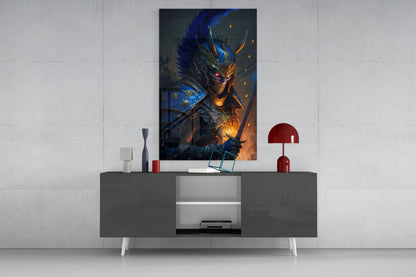 Master Warrior Glass Wall Art displaying a blue and gold armored warrior with glowing red eyes, mounted above a gray media console with red decorative lamp.