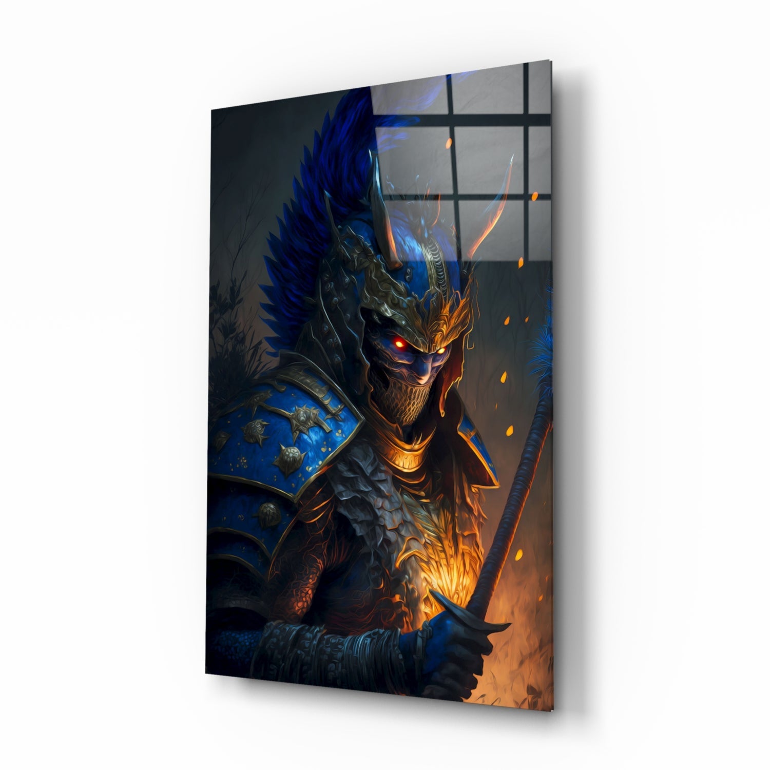 Angled view of glass wall art depicting a warrior with blue feathered headdress and glowing orange facial markings holding an axe.