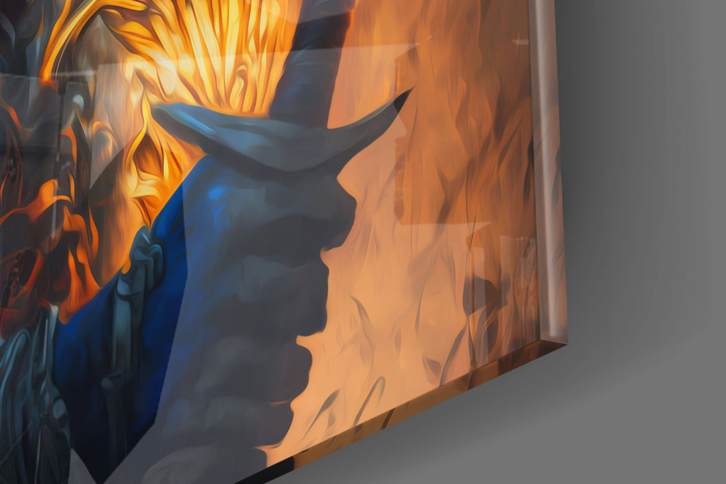Side view of glass wall art panel showing silhouetted warrior profile against orange flames with blue armor detail.