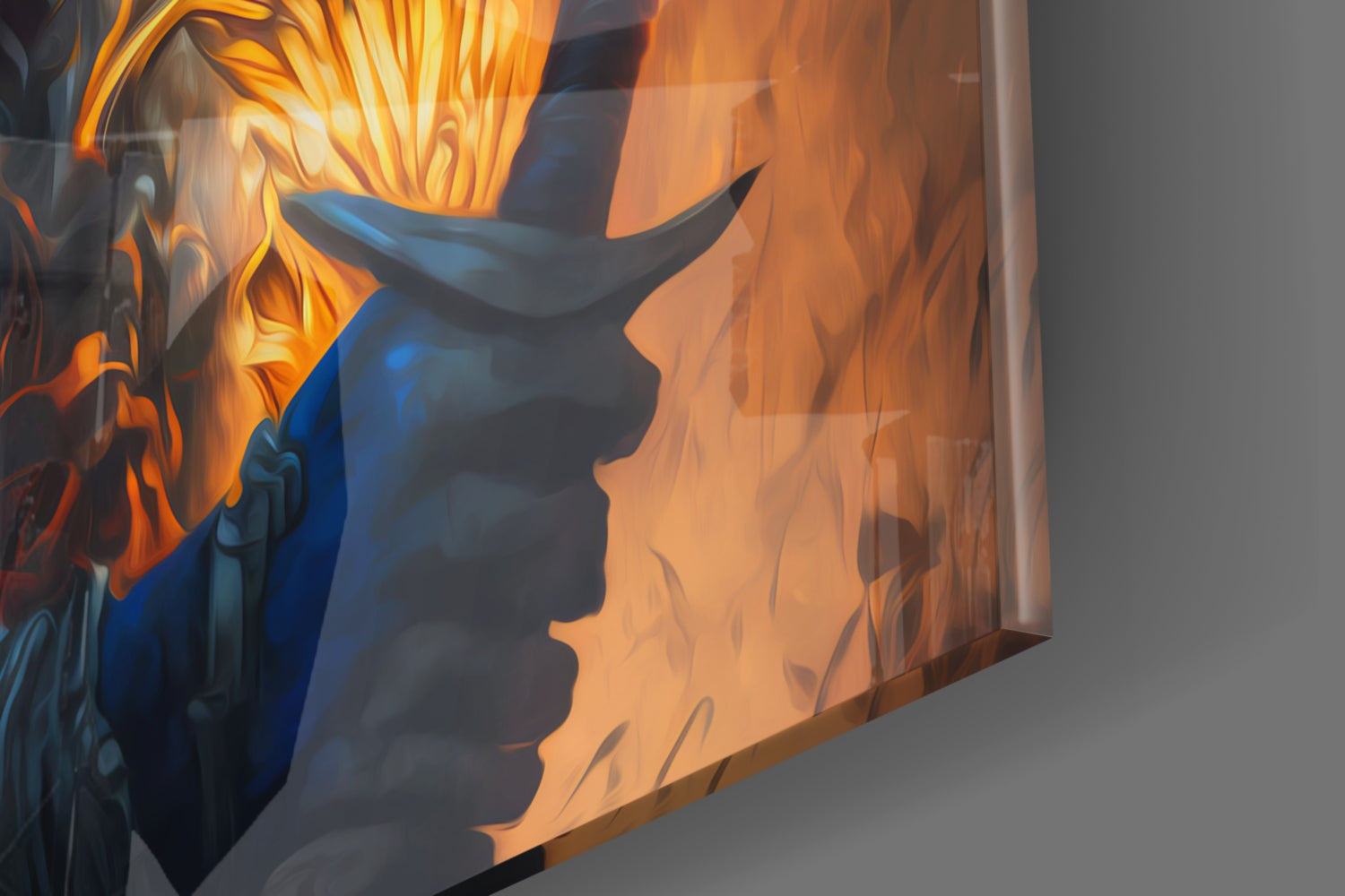 Side view of glass wall art panel showing silhouetted warrior profile against orange flames with blue armor detail.