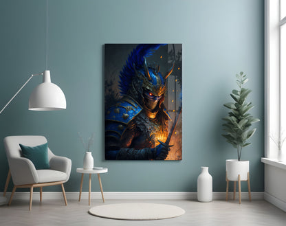 Master Warrior Glass Wall Art mounted on pale blue wall above white chair, displaying blue and gold dragon warrior with glowing eyes in modern living room setting.