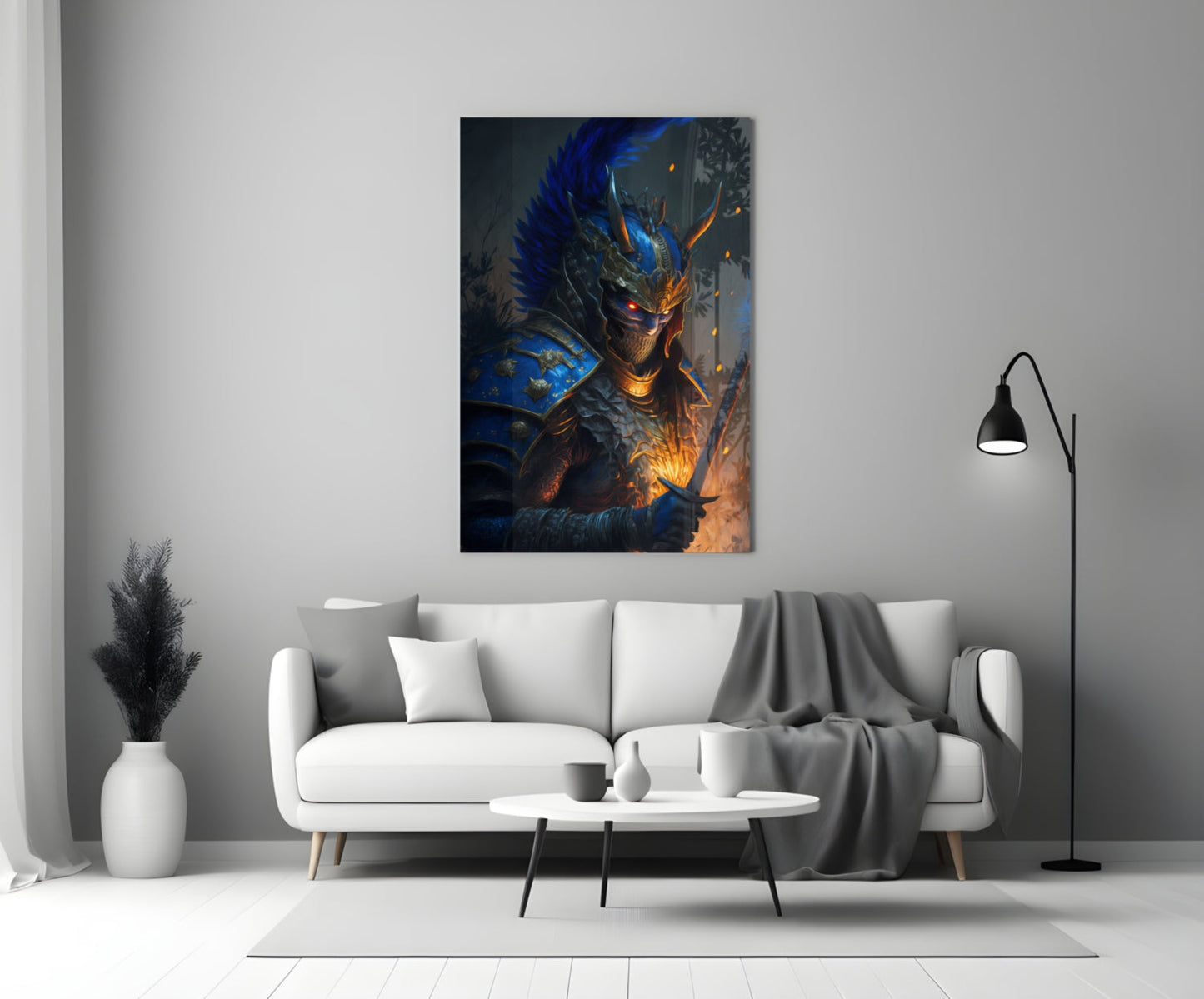 Master Warrior glass wall art hanging above white sofa in modern living room, depicting blue and orange glowing warrior figure.