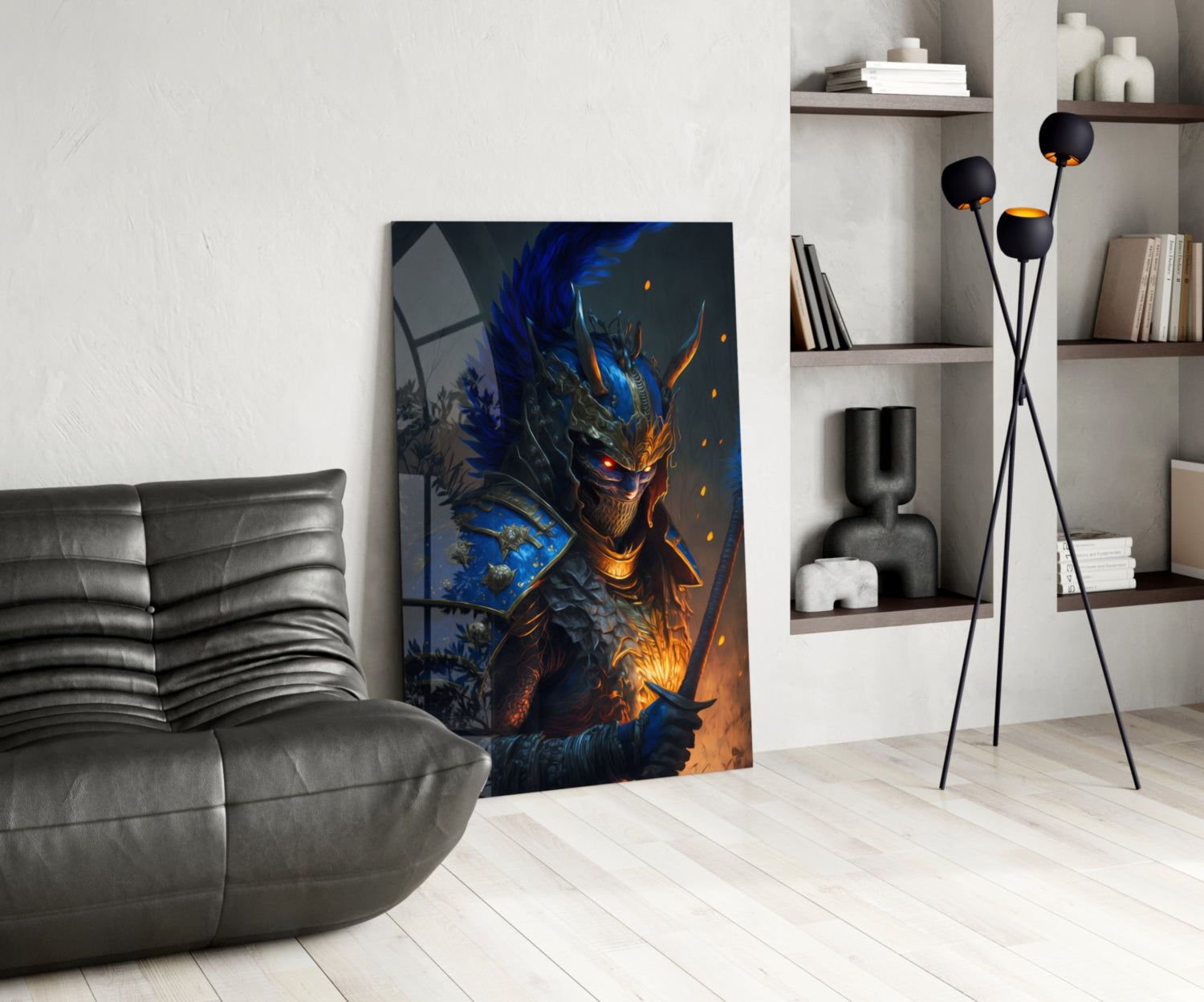 Master Warrior glass wall art displaying a blue and gold armored dragon figure with glowing eyes, displayed in modern living room setting beside gray sofa.