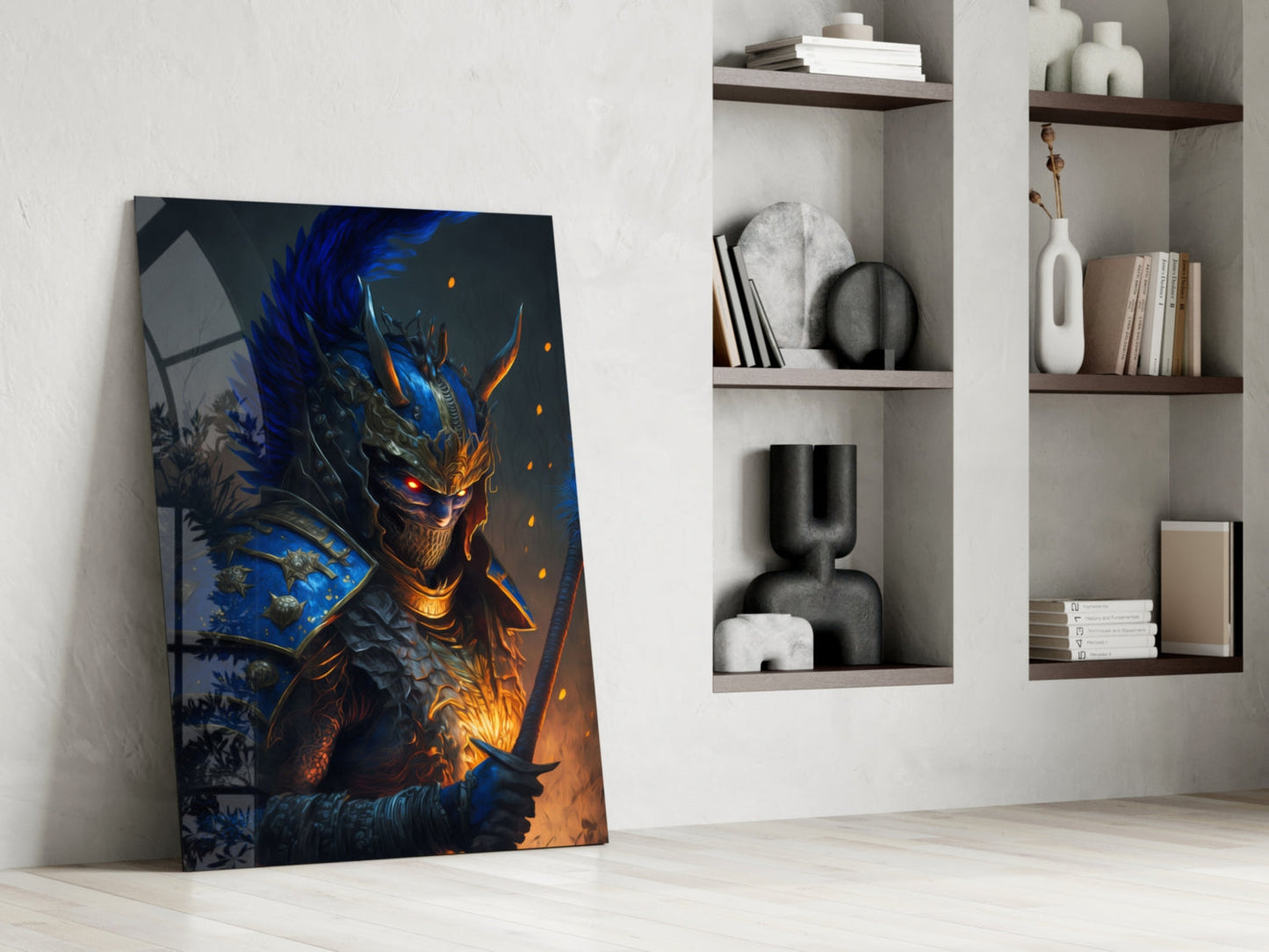 Master Warrior glass wall art leaning against white wall beside built-in shelving with decorative objects and books.