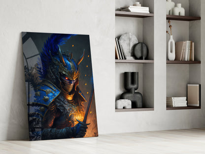 Master Warrior glass wall art leaning against white wall beside built-in shelving with decorative objects and books.