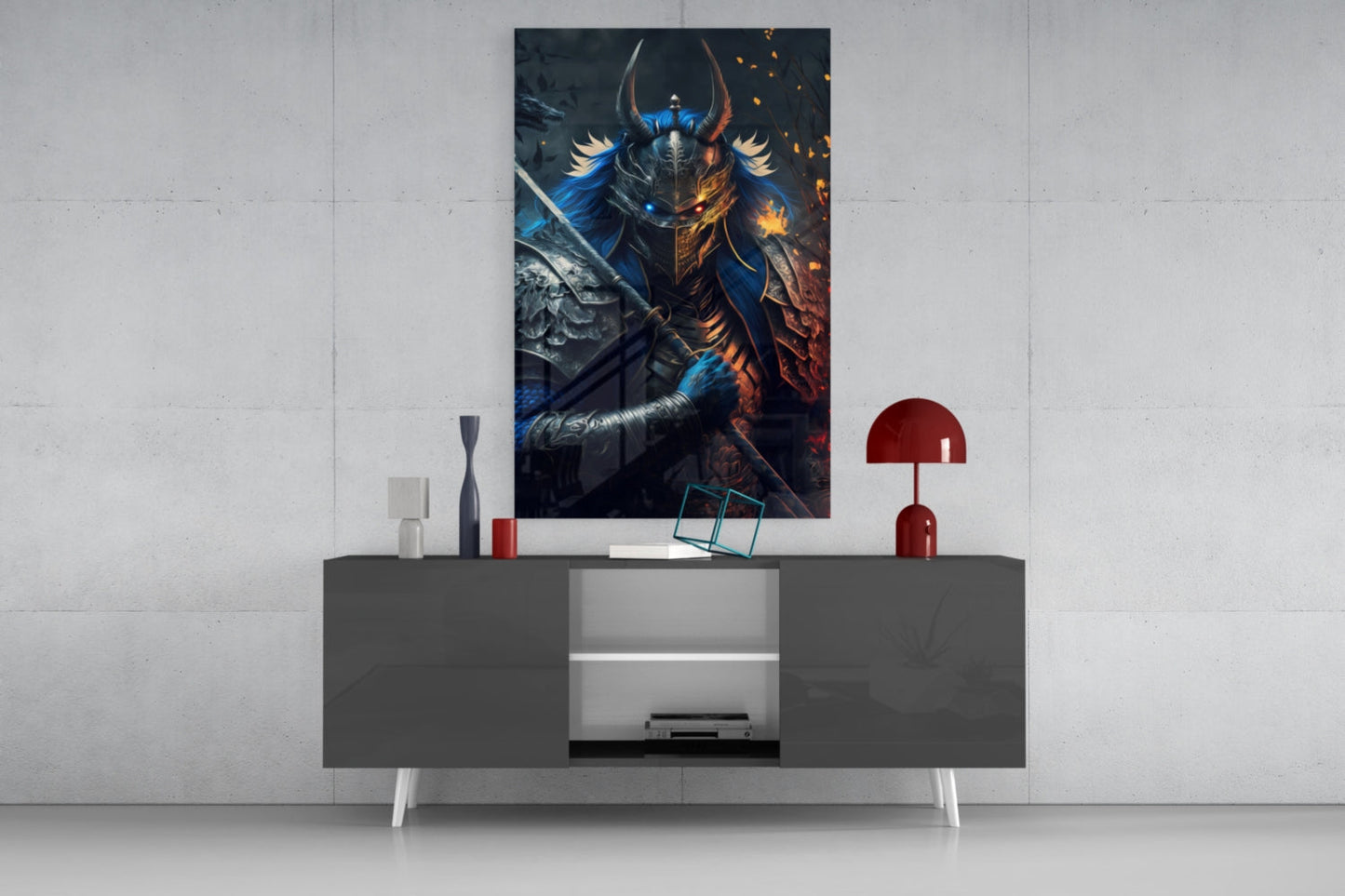 Lord Warrior glass wall art depicting armored figure with blue and gold accents displayed above gray media console in modern interior.