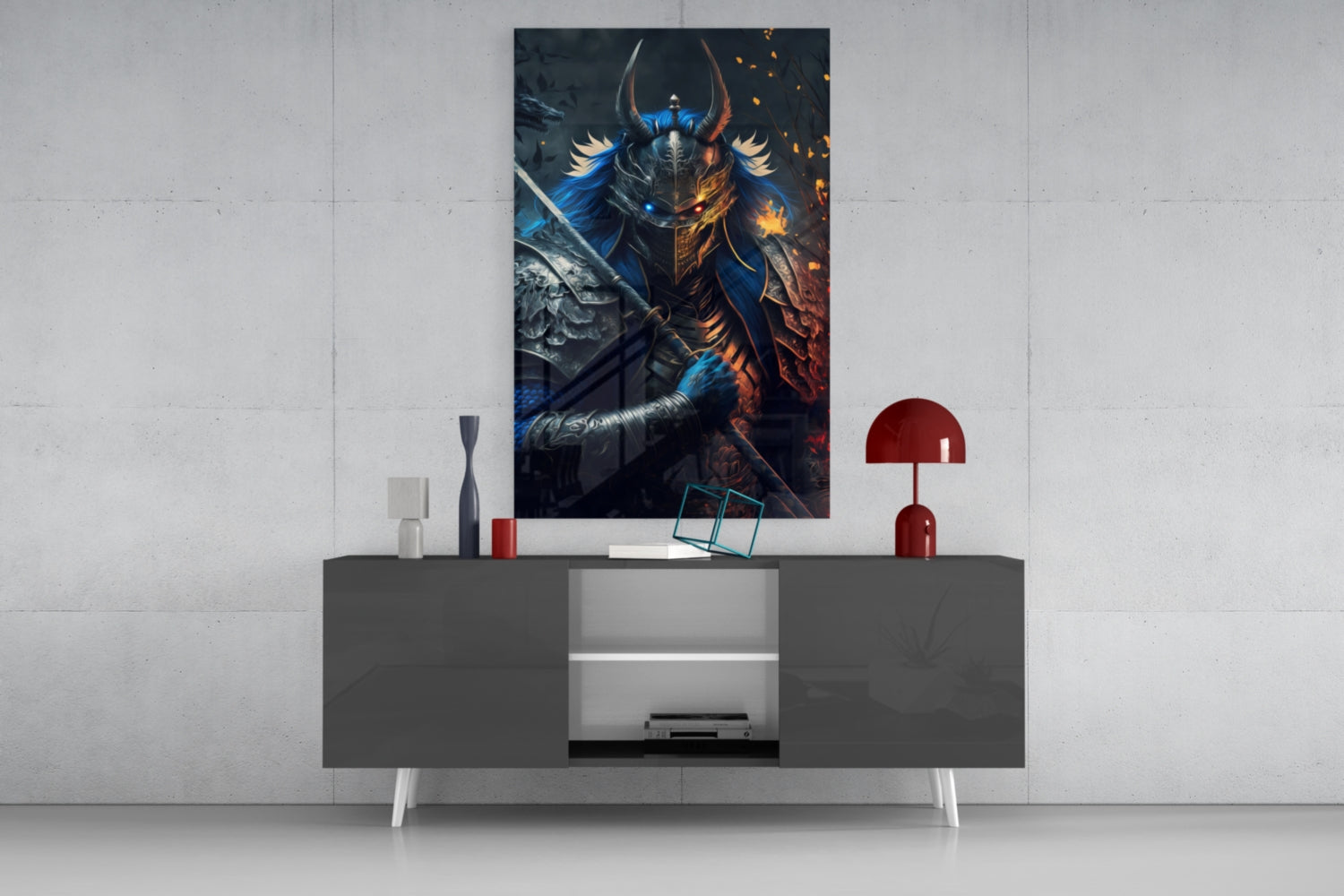 Lord Warrior glass wall art depicting armored figure with blue and gold accents displayed above gray media console in modern interior.