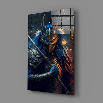 Glass wall art panel displaying a blue and gold armored warrior with glowing eyes mounted at an angle on gray wall.