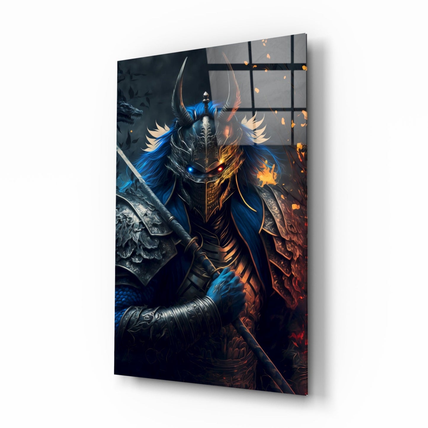 Angled perspective of glass wall art displaying armored warrior with glowing blue eyes, ornate horned helmet, blue and gold armor, holding axe against dark background.