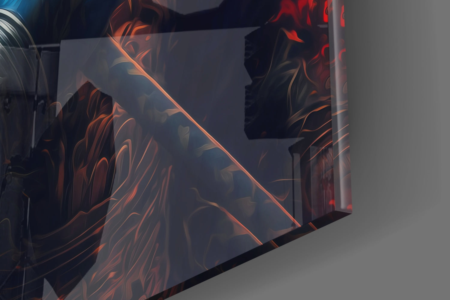 Close-up angled view of translucent glass wall art featuring red and orange warrior wing designs with black silhouettes against grey background.