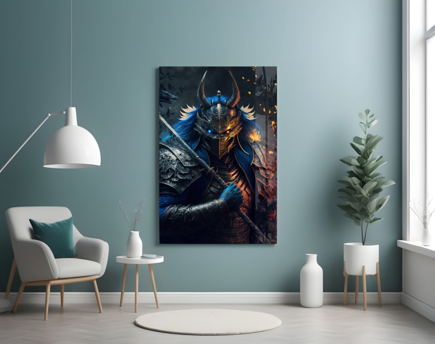 Lord Warrior Glass Wall Art mounted on pale blue wall above white chair in minimalist living room setting with plants and pendant lamp.