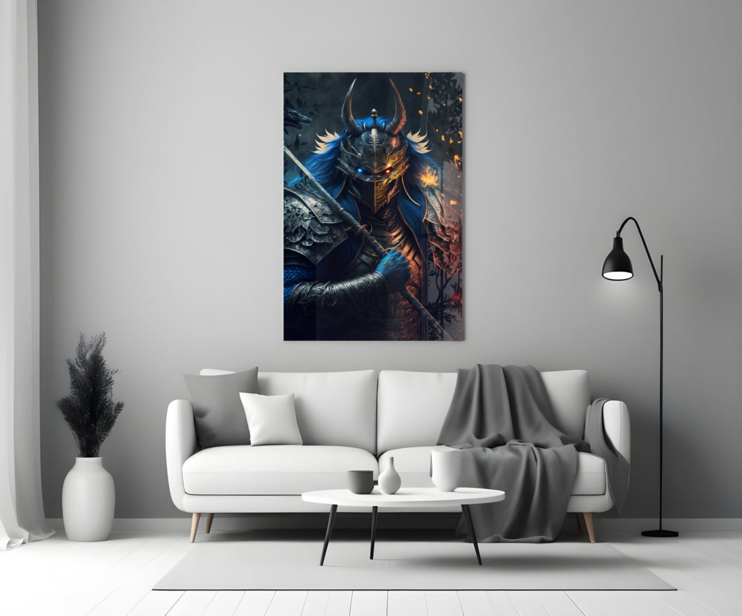 Lord Warrior Glass Wall Art hanging above white sofa in modern living room, depicting armored figure with blue and gold details.