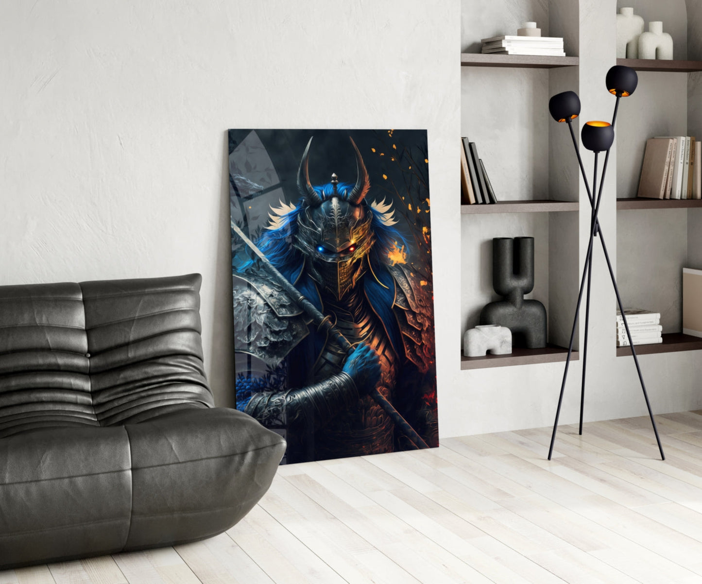 Modern living room featuring Lord Warrior Glass Wall Art depicting a blue and gold armored warrior with horns against a dark background.