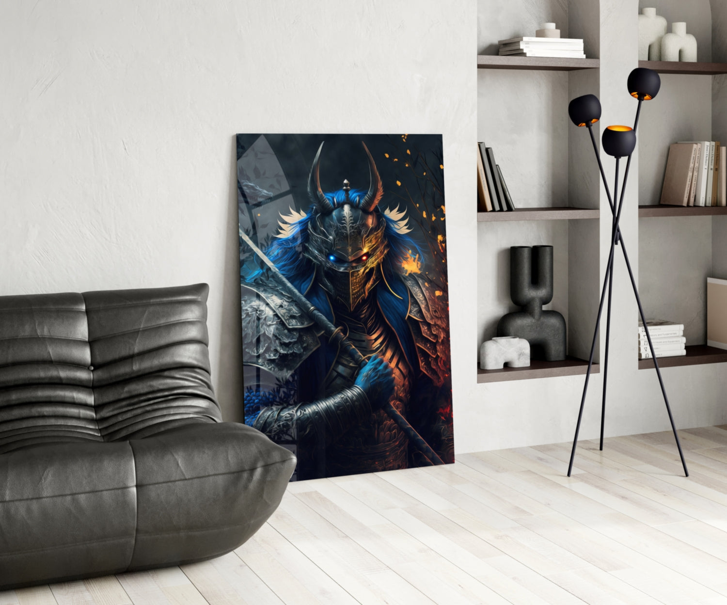 Modern living room featuring Lord Warrior Glass Wall Art depicting a blue and gold armored warrior with horns against a dark background.