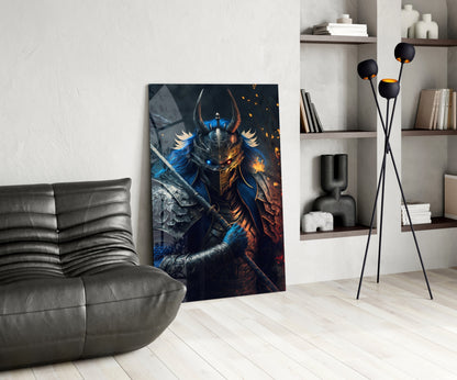 Modern living room featuring Lord Warrior Glass Wall Art depicting a blue and gold armored warrior with horns against a dark background.