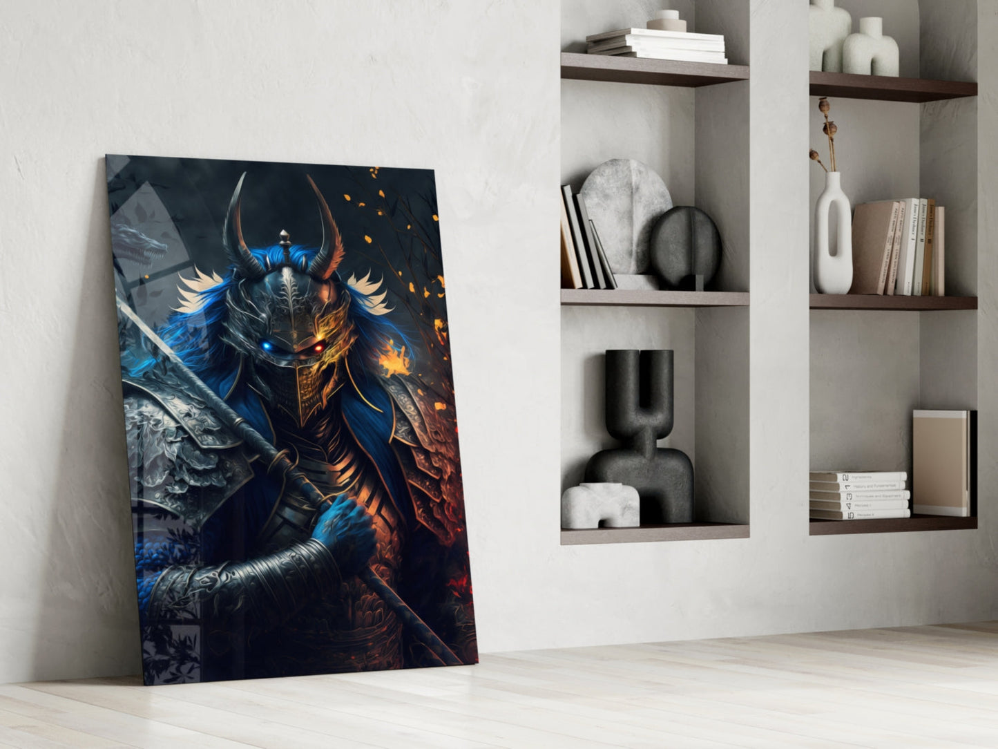 Lord Warrior Glass Wall Art leaning against white wall beside built-in shelving with decorative objects and books.