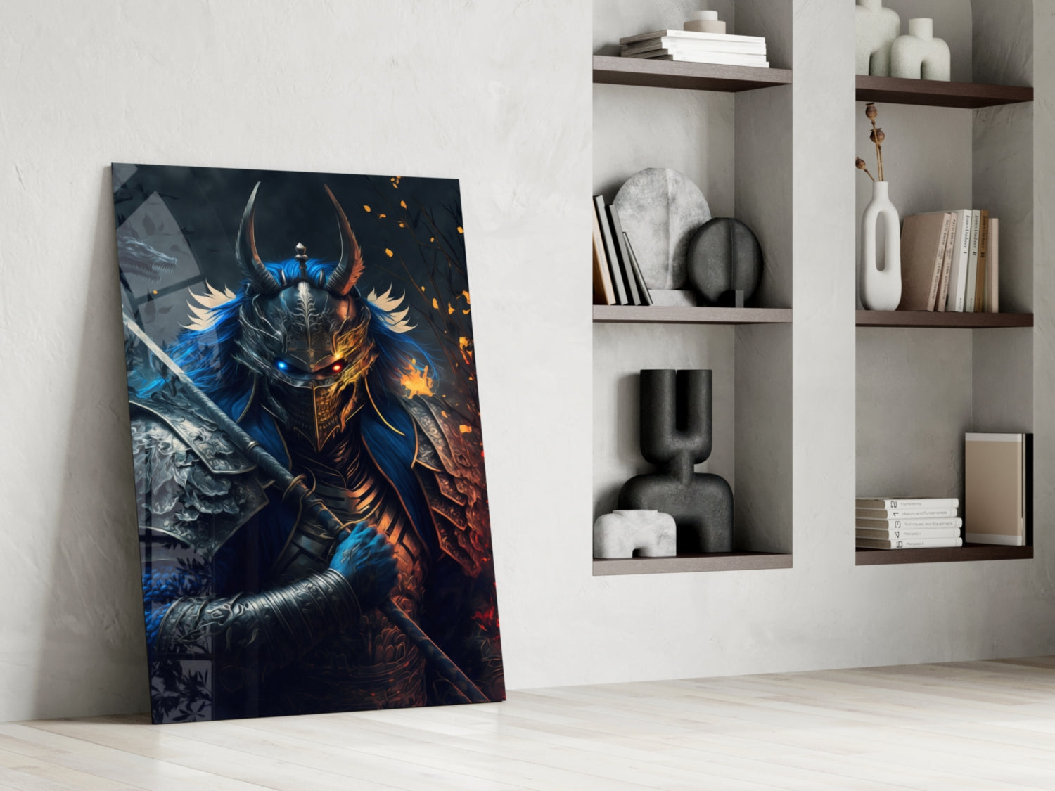 Lord Warrior Glass Wall Art leaning against white wall beside built-in shelving with decorative objects and books.