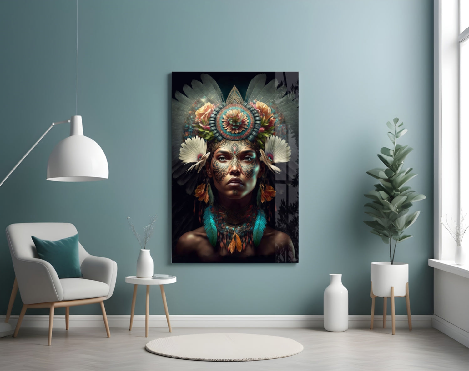 Glass wall art depicting a portrait with ornate floral headdress in jewel tones, displayed in a contemporary room setting.