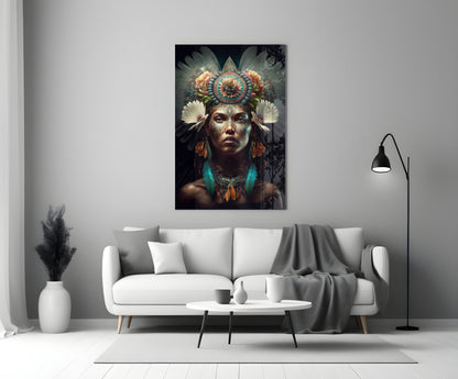 Flower Monarch glass wall art displayed above white sofa in modern living room interior, showing ornate headdress portrait with colorful feather details.