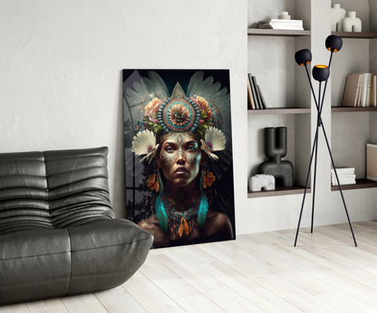 Glass wall art depicting a woman with ornate headdress, feathered wings, and colorful face painting displayed in modern living room setting.
