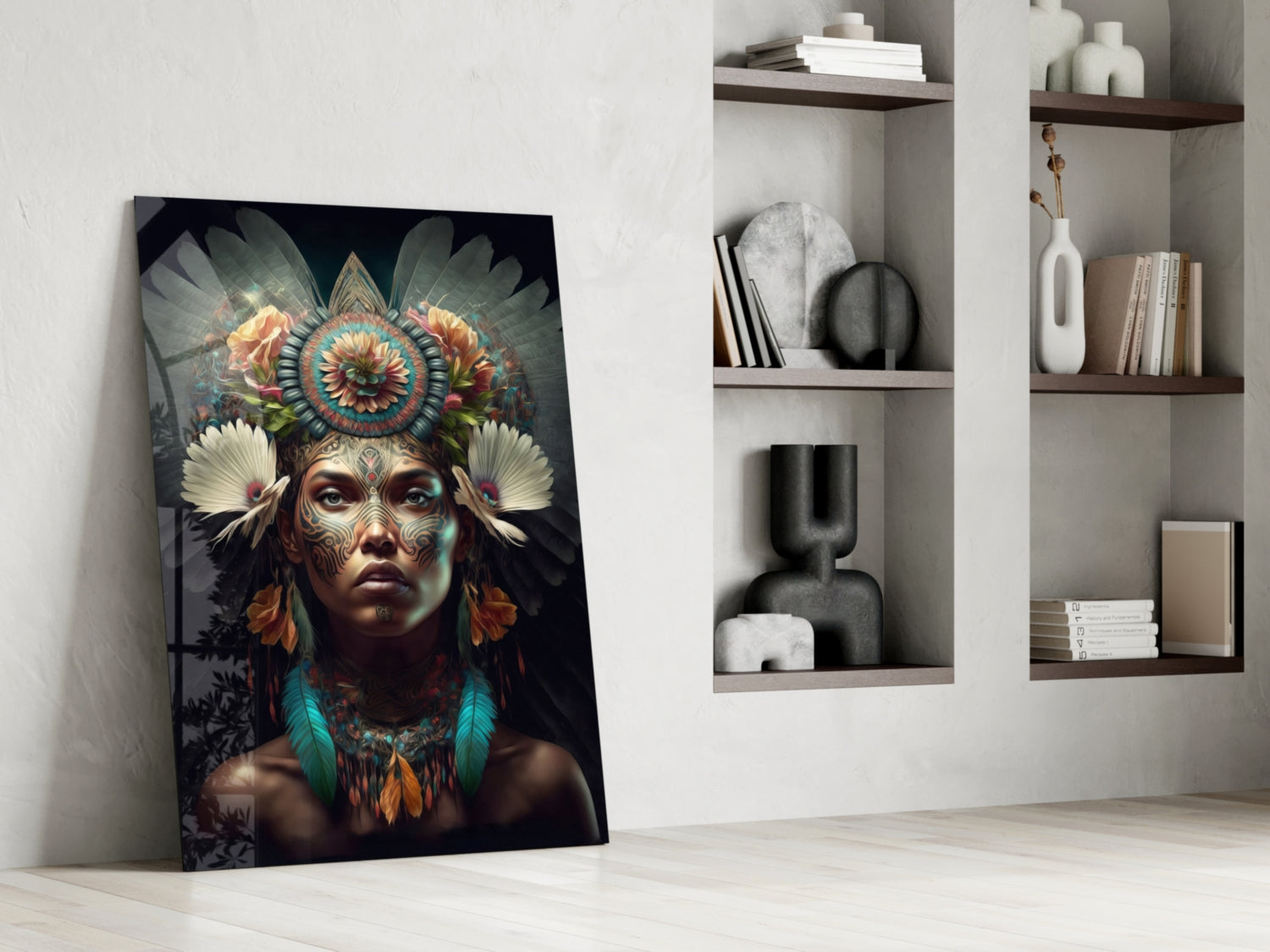 Glass wall art leaning against white wall displays portrait of woman with ornate floral headdress and facial tattoos in dark tones.