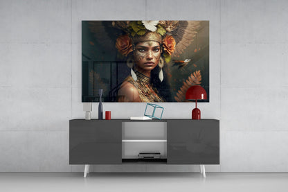 Leaf Crown Tribal Woman with Bird Glass Wall Art