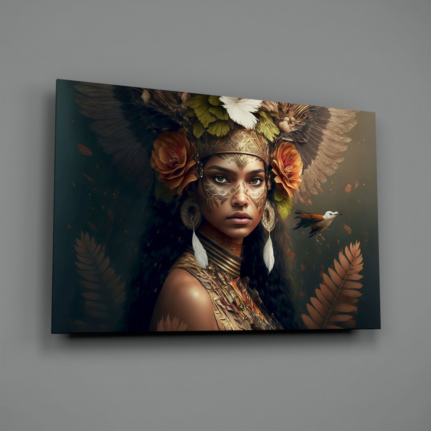 Leaf Crown Tribal Woman with Bird Glass Wall Art