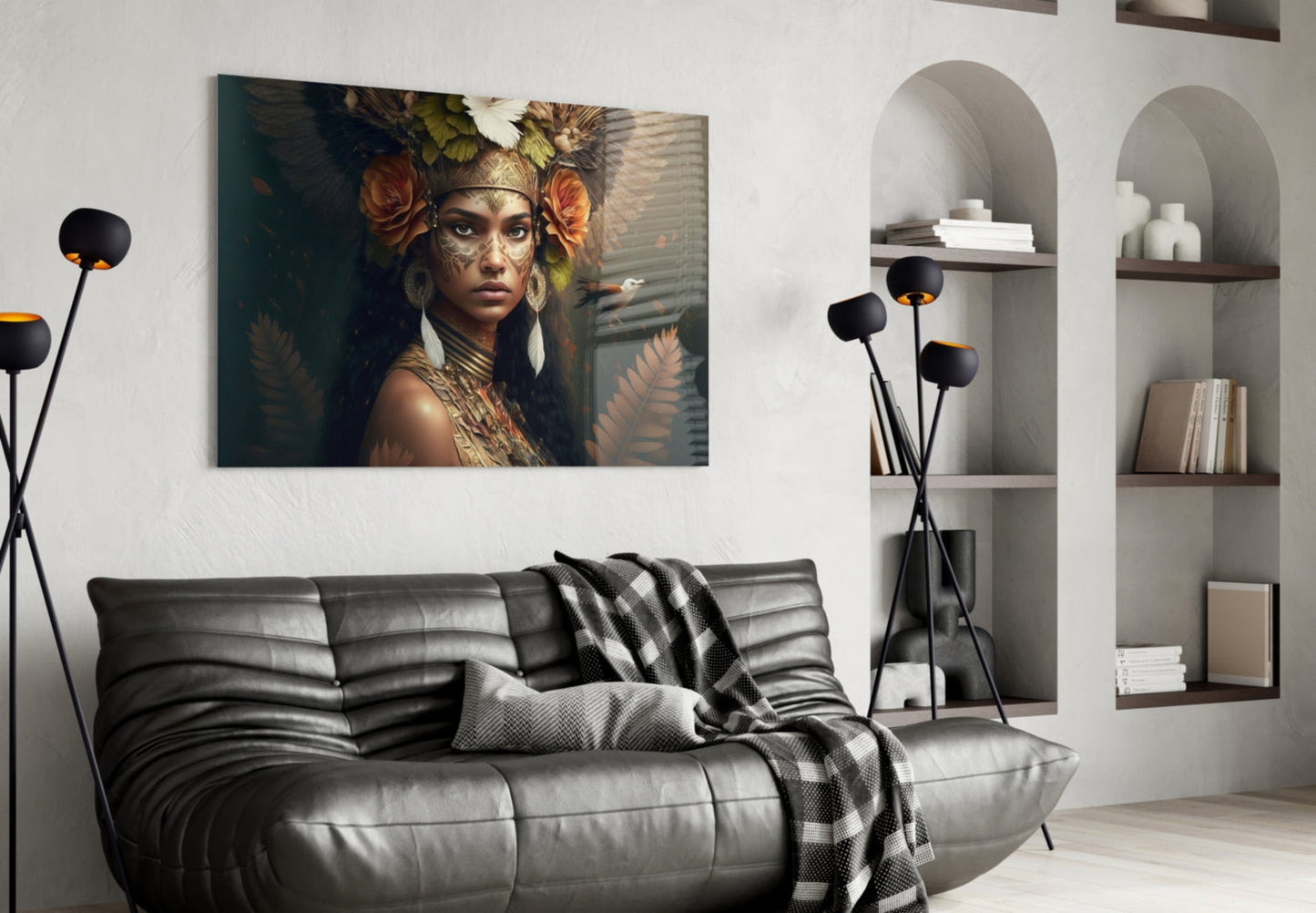 Leaf Crown Tribal Woman with Bird Glass Wall Art