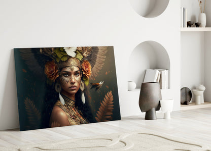 Leaf Crown Tribal Woman with Bird Glass Wall Art