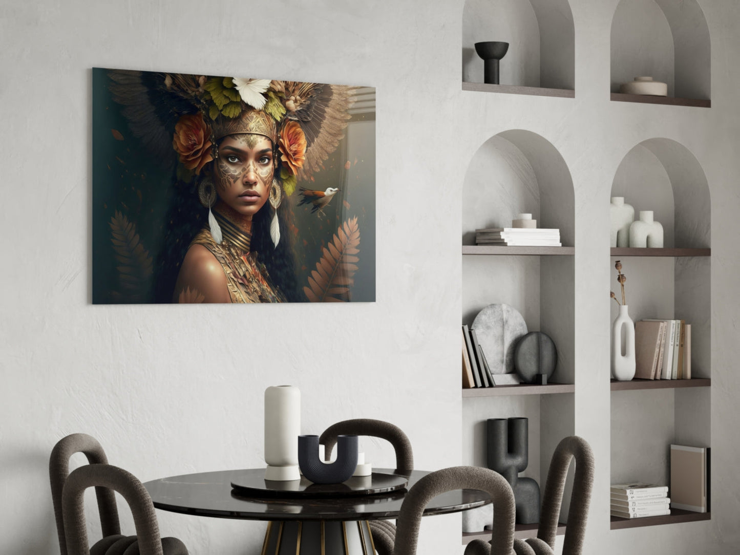 Leaf Crown Tribal Woman with Bird Glass Wall Art
