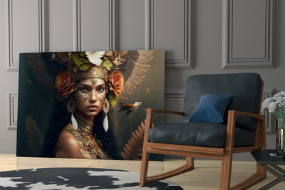 Leaf Crown Tribal Woman with Bird Glass Wall Art