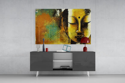 Golden Yellow Serene Buddha Face Glass Wall Art