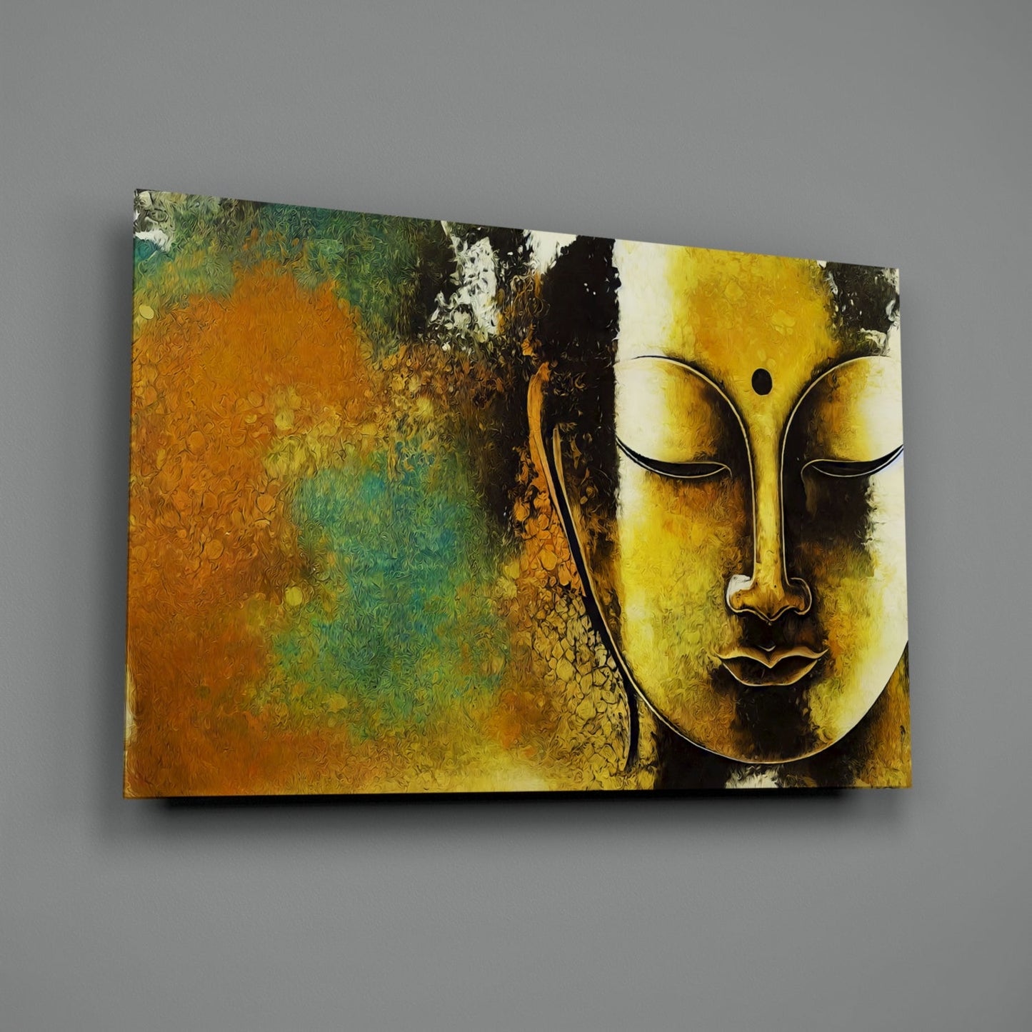 Golden Yellow Serene Buddha Face Glass Wall Art