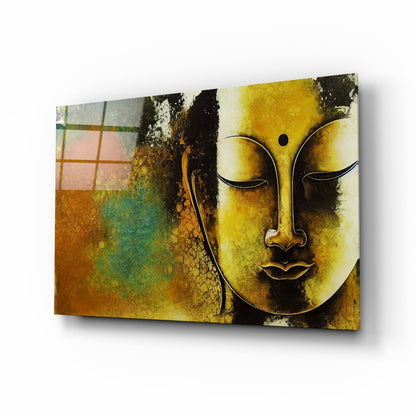 Golden Yellow Serene Buddha Face Glass Wall Art