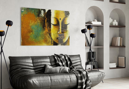 Golden Yellow Serene Buddha Face Glass Wall Art