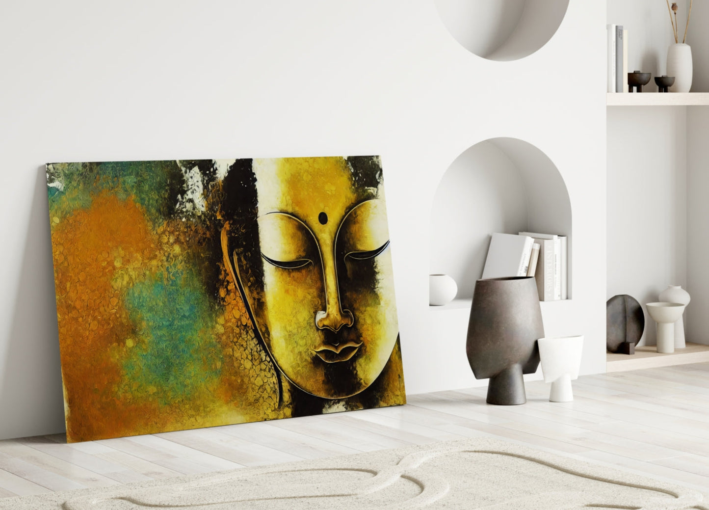 Golden Yellow Serene Buddha Face Glass Wall Art