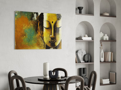 Golden Yellow Serene Buddha Face Glass Wall Art