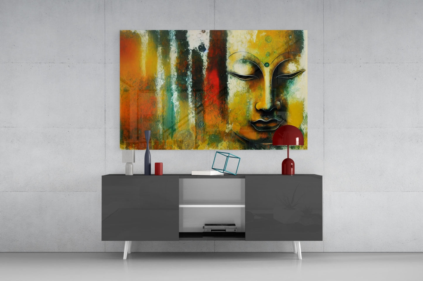 Buddha Face Teal and Rust Abstract Glass Wall Art