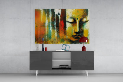Buddha Face Teal and Rust Abstract Glass Wall Art