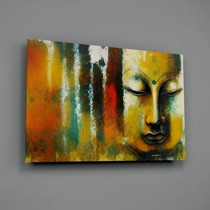 Buddha Face Teal and Rust Abstract Glass Wall Art